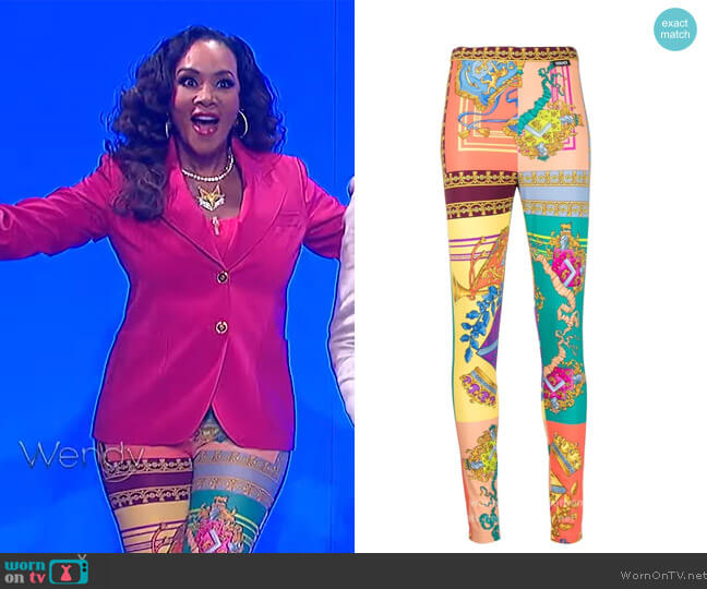 Baroque-print silk leggings by Versace worn by Vivica A. Fox on The Wendy Williams Show worn by Wendy Williams  on The Wendy Williams Show