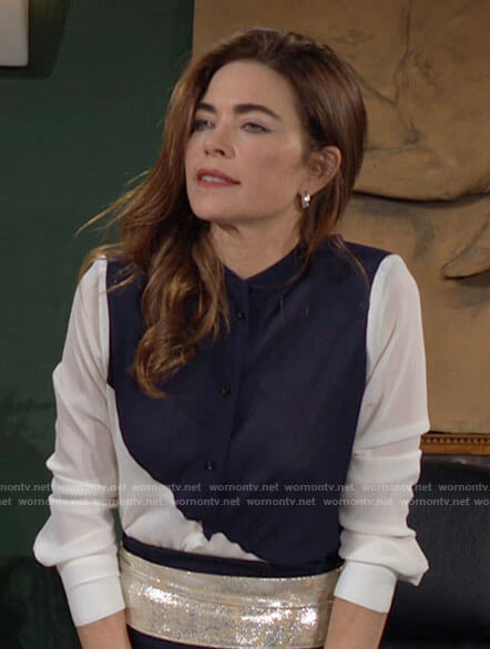 Victoria's navy and white colorblock blouse on The Young and the Restless