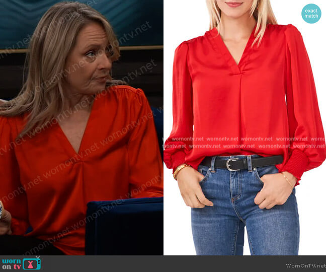 Smock Cuff Rumpled Satin Blouse by Vince Camuto worn by Liesl Obrecht (Kathleen Gati) on General Hospital