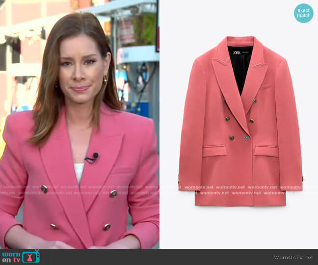 Double Breasted Long Blazer by Zara worn by Rebecca Jarvis  on Good Morning America