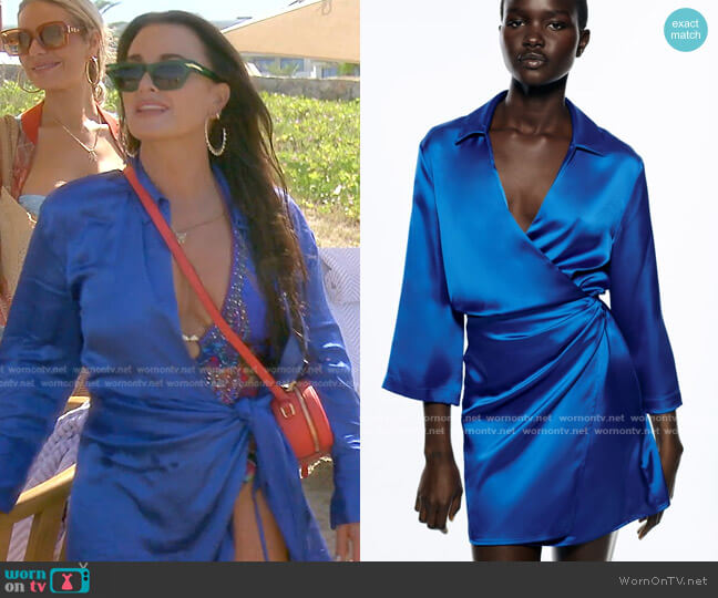 Wrap Front Satin Effect Dress by Zara worn by Kyle Richards on The Real Housewives of Beverly Hills