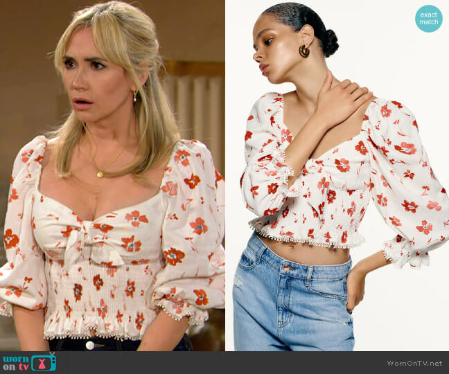 Zara Printed Linen Blend Top worn by Bridget Forrester (Ashley Jones) on The Bold and the Beautiful