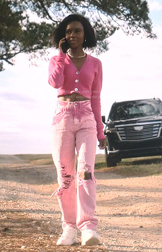 Zenzi's pink cropped cardigan and acid wash jeans on Tom Swift