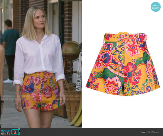 The Lovestruck Paisley-Print Shorts by Zimmermann worn by Susannah Fisher (Rachel Blanchard) on The Summer I Turned Pretty