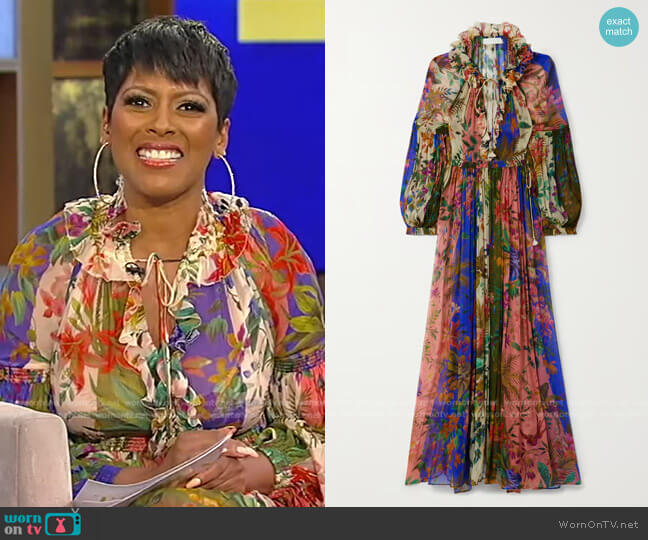 Tropicana Ruffled Pleated Floral-Print Dress by Zimmermann worn by Tamron Hall  on Tamron Hall Show