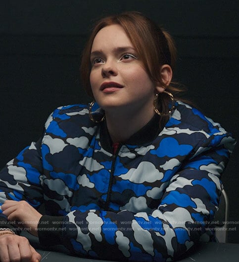 Zoe’s blue cloud print bomber jacket on Ms. Marvel