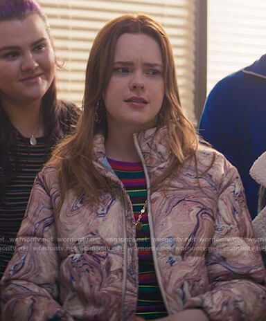Zoe's pink marble print puffer jacket on Ms. Marvel