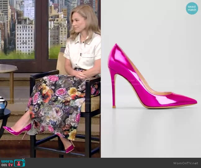 Mirror Calfskin Stiletto Pumps by Gianvito Rossi worn by Kelly Ripa on Live with Kelly and Mark