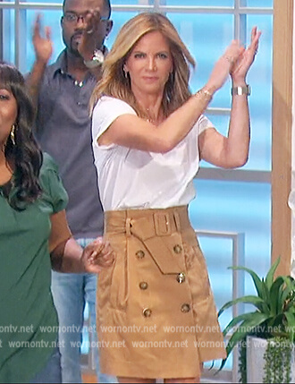 Natalie’s white tee and beige belted skirt on The Talk