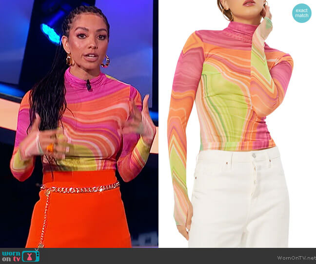 Zadie Mesh Turtleneck Top by AFRM worn by Corinne Foxx on Beat Shazam