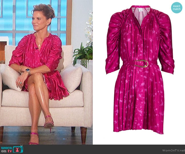 Ivy Pleated Floral Satin Mini Dress by Acler worn by Natalie Morales on The Talk