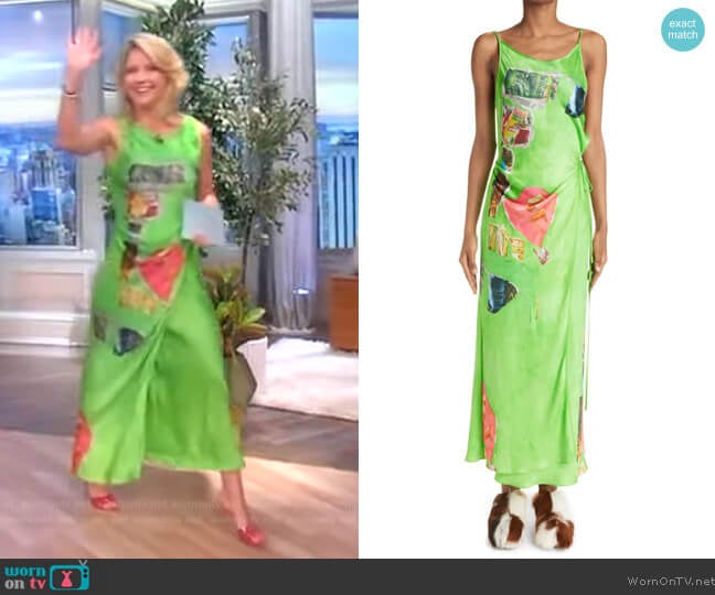 Acne Studios Dayla Collage Print Asymmetric Satin Wrap Slipdress worn by Sara Haines on The View