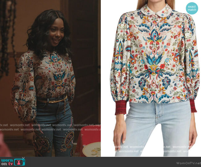 Alice + Olivia April Embroidered Floral Blouse worn by Jemma St. John (Judae'a) on The Chi