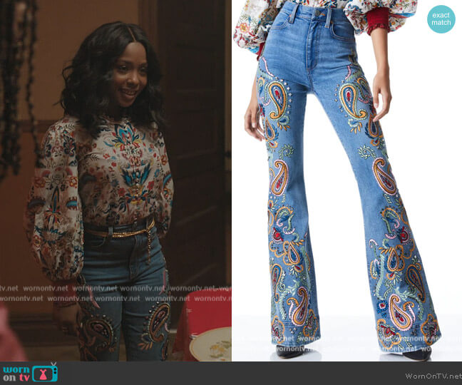 Alice + Olivia Beautiful Embroidered Jeans worn by Jemma St. John (Judae'a) on The Chi