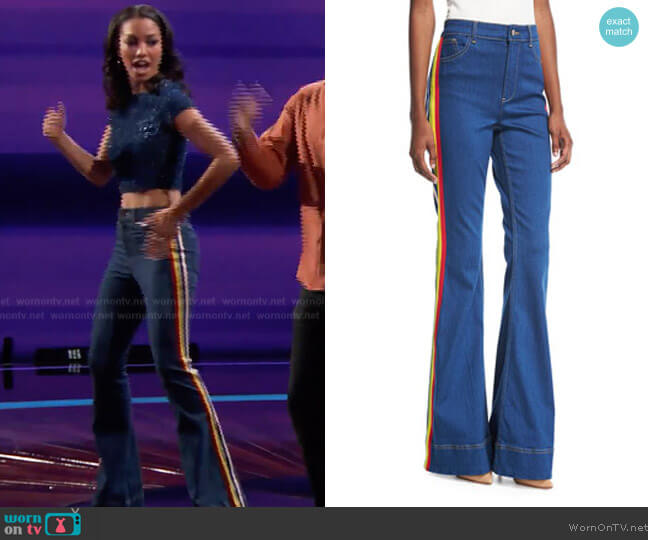 Alice + Olivia Kayleigh Bell-Bottom Jeans with Side Rainbow Stripes worn by Corinne Foxx on Beat Shazam