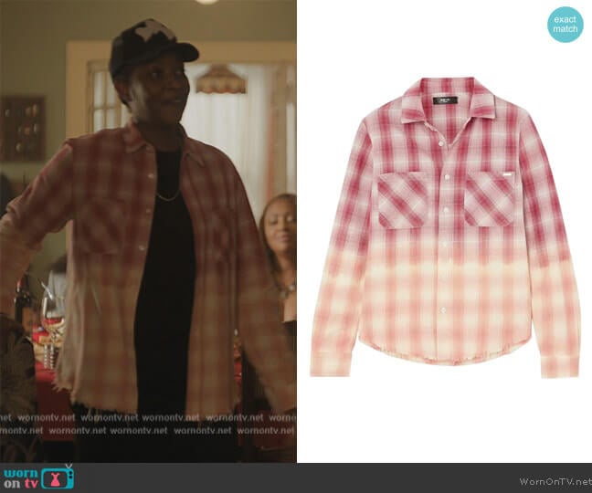 Ombre Metallic Plaid Cotton Flannel Shirt by Amiri worn by Miriam A. Hyman on The Chi