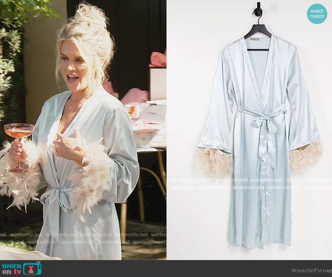 ASOS Night satin robe with detachable faux feather trim in aqua worn by Madison LeCroy on Southern Charm