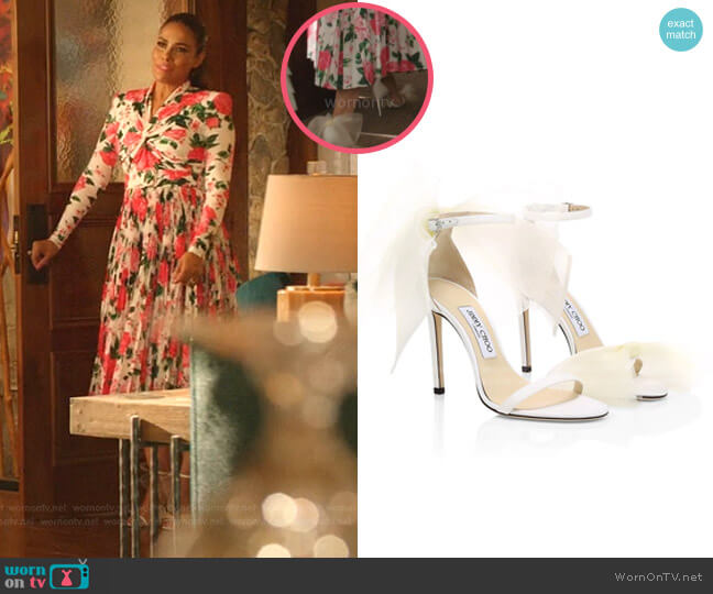 Aveline Tulle Bow Leather Sandals by Jimmy Choo worn by Cristal Jennings (Daniella Alonso) on Dynasty