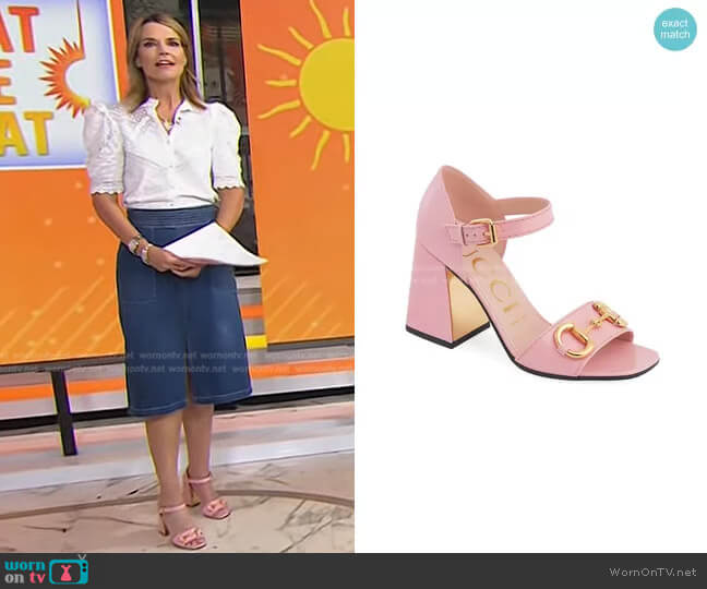 Gucci Baby Buckle Horsebit Ankle-Strap Sandals worn by Savannah Guthrie on Today