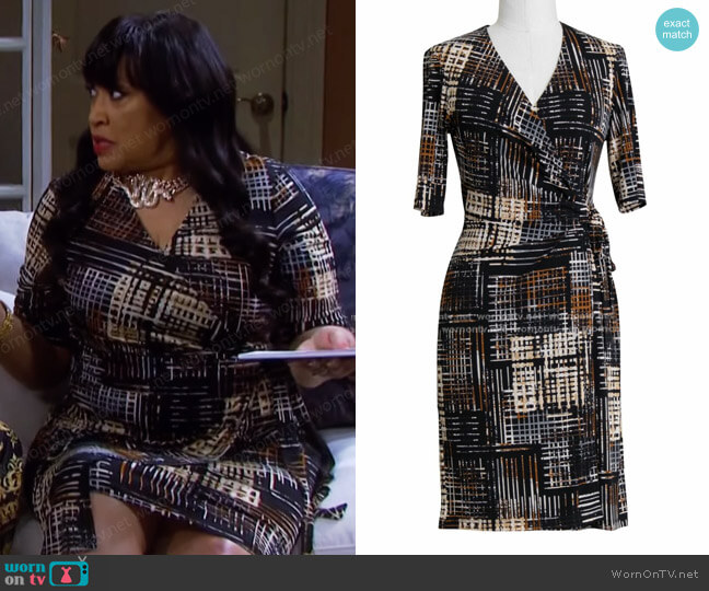 Connected Black Stretch Tie 3/4 Sleeve Wrap Dress worn by Paulina Price (Jackée Harry) on Days of our Lives