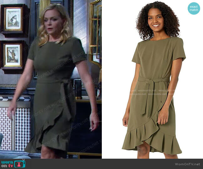 Short Sleeve Scuba Crepe Dress With Ruffle and Waist Tie by Calvin Klein worn by Belle Brady (Martha Madison) on Days of our Lives