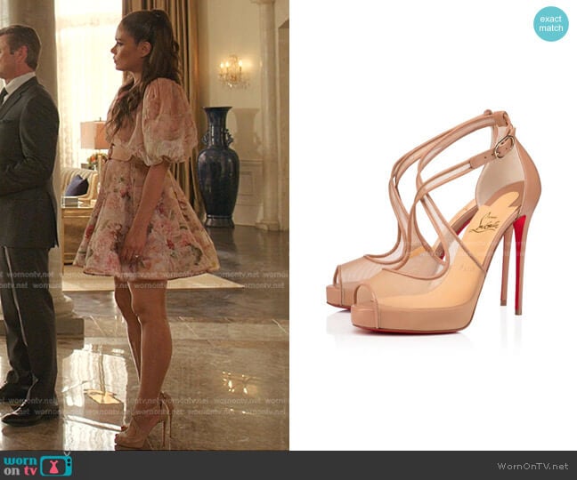 Mariacar Mesh Red Sole Platform Sandals by Christian Louboutin worn by Cristal Jennings (Daniella Alonso) on Dynasty