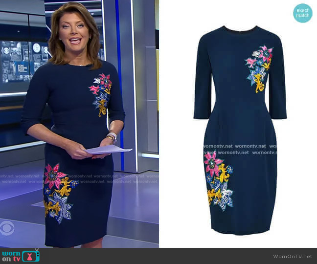 Disney Appliquéd Crepe Dress by Mary Katrantzou worn by Norah O'Donnell on CBS Evening News