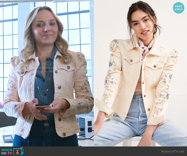 Driftwood Floral Embroidered Denim Jacket worn by Claire Badgley (Seri DeYoung) on Good Trouble