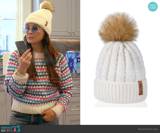 Faux Fur Pom Pom Beanies by Furtalk worn by Kyle Richards on The Real Housewives of Beverly Hills