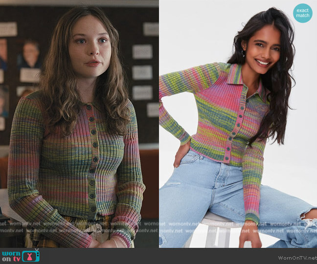 Forever 21 Space Dye Cardigan Sweater worn by Zoe Margaret Colletti on Only Murders in the Building worn by Lucy (Zoe Margaret Colletti) on Only Murders in the Building