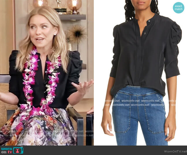 Frame Shirred Sleeve Silk Blouse worn by Kelly Ripa on Live with Kelly and Ryan