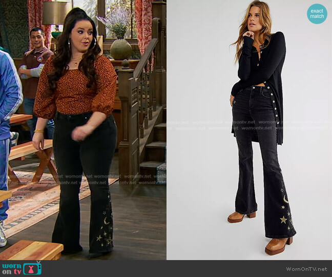 Free People x Driftwood Farrah Embroidered Flare Jeans worn by Lou Hockhauser (Miranda May) on Bunkd