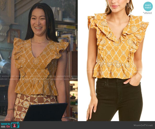 Free The Roses Ruffle Sleeve Embroidered Top worn by Sumi (Kara Wang) on Good Trouble