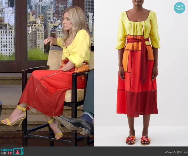 Gabriela Hearst Daphine patchwork cashmere-blend twill dress worn by Kelly Ripa on Live with Kelly and Ryan