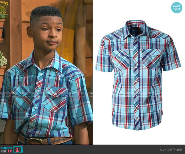 WornOnTV: Bill's red cowboy print tee and plaid shirt on Bunkd