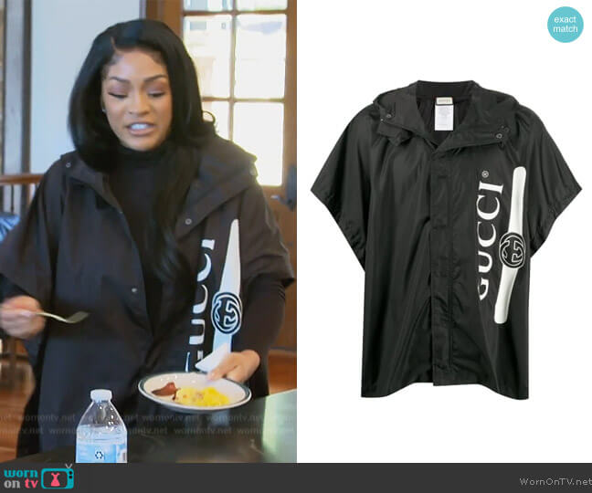 Gucci Logo Print Hooded Cape Poncho worn by Drew Sidora on The Real Housewives of Atlanta