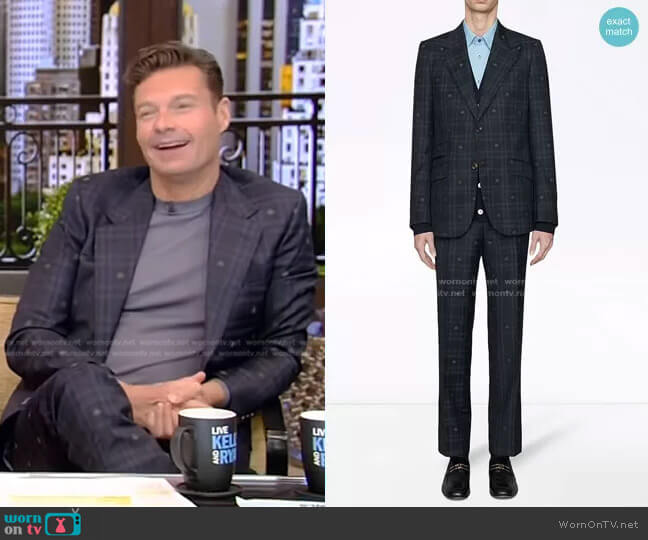 Heritage Bee Checked Suit by Gucci worn by Ryan Seacrest on Live with Kelly and Ryan