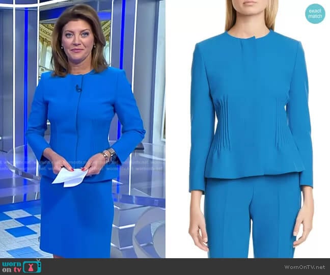 Jetucka Pintuck Jacket by Boss worn by Norah O'Donnell on CBS Evening News