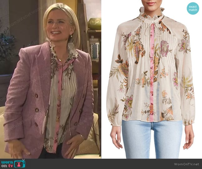 Kobi Halperin Joanna Floral Pleated Blouse worn by Kayla Brady (Mary Beth Evans) on Days of our Lives