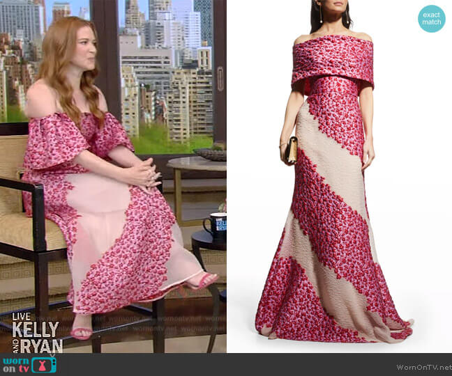 Lela Rose Diagonal Stripe Jacquard Off-The-Shoulder Gown worn by Sarah Drew on Live with Kelly and Ryan