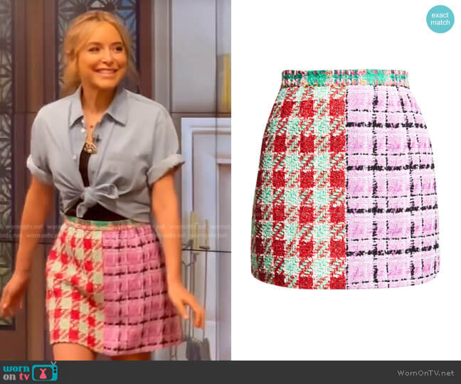 Mixed Check Boucle Mini Skirt by Libertine worn by Jenny Mollen on Live with Kelly and Ryan worn by Kelly Ripa on Live with Kelly and Ryan