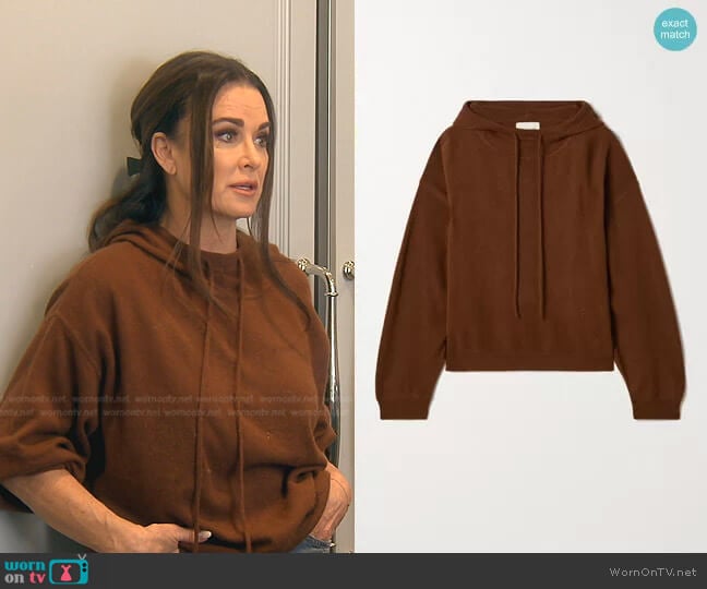 Linosa cashmere hoodie by Loulou Studio worn by Kyle Richards on The Real Housewives of Beverly Hills