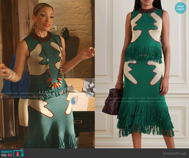 The Vanguard Fringed Metallic Jacquard-Knit Tank and Skirt by Lukhanyo Mdingi worn by Dominique Deveraux (Michael Michele) on Dynasty
