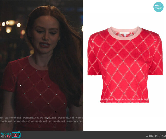 Patterned crew neck jumper by Maje worn by Cheryl Blossom (Madelaine Petsch) on Riverdale