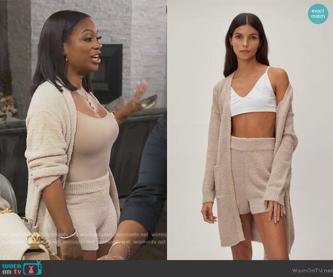 Nasty Gal Knitted Midi Belted Pocket Cardigan and Shorts worn by Kandi Burruss on The Real Housewives of Atlanta