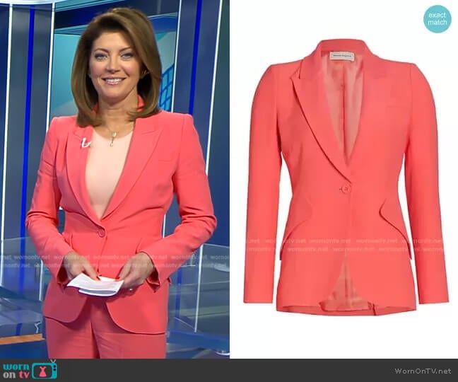 One-Button Jacket in Coral by Alexander McQueen worn by Norah O'Donnell on CBS Evening News