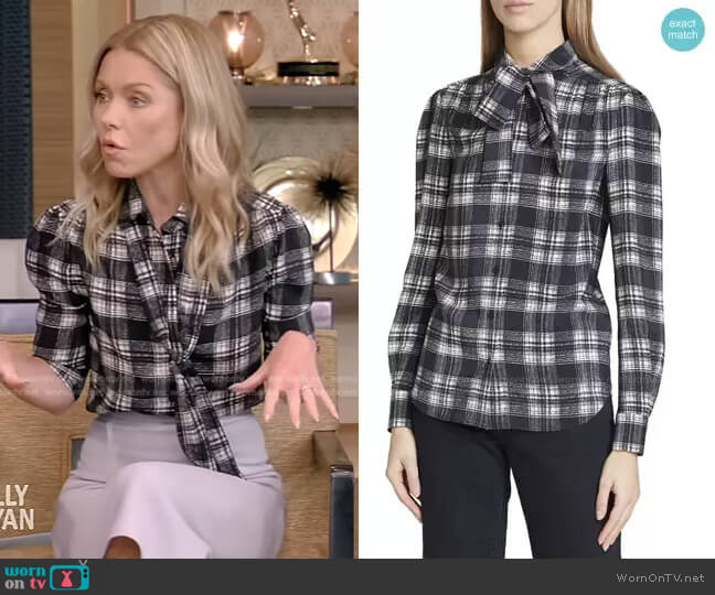 WornOnTV: Kelly’s black plaid blouse and grey pencil skirt on Live with ...