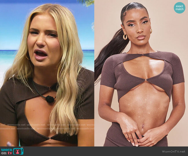 Pretty Little Thing Brown Knitted Cut Out Short Sleeve Top worn by Deb Chubb on Love Island USA
