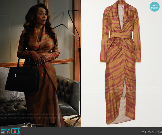 Rick Owens Printed satin wrap gown worn by Lola Carmichael (Simone Missick) on All Rise