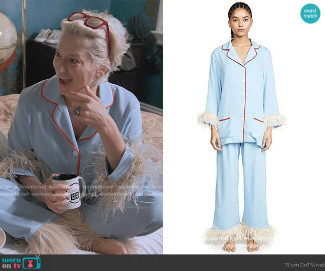Blue PJ Set With Feathers by Sleeper worn by Dorinda Medley on The Real Housewives Ultimate Girls Trip